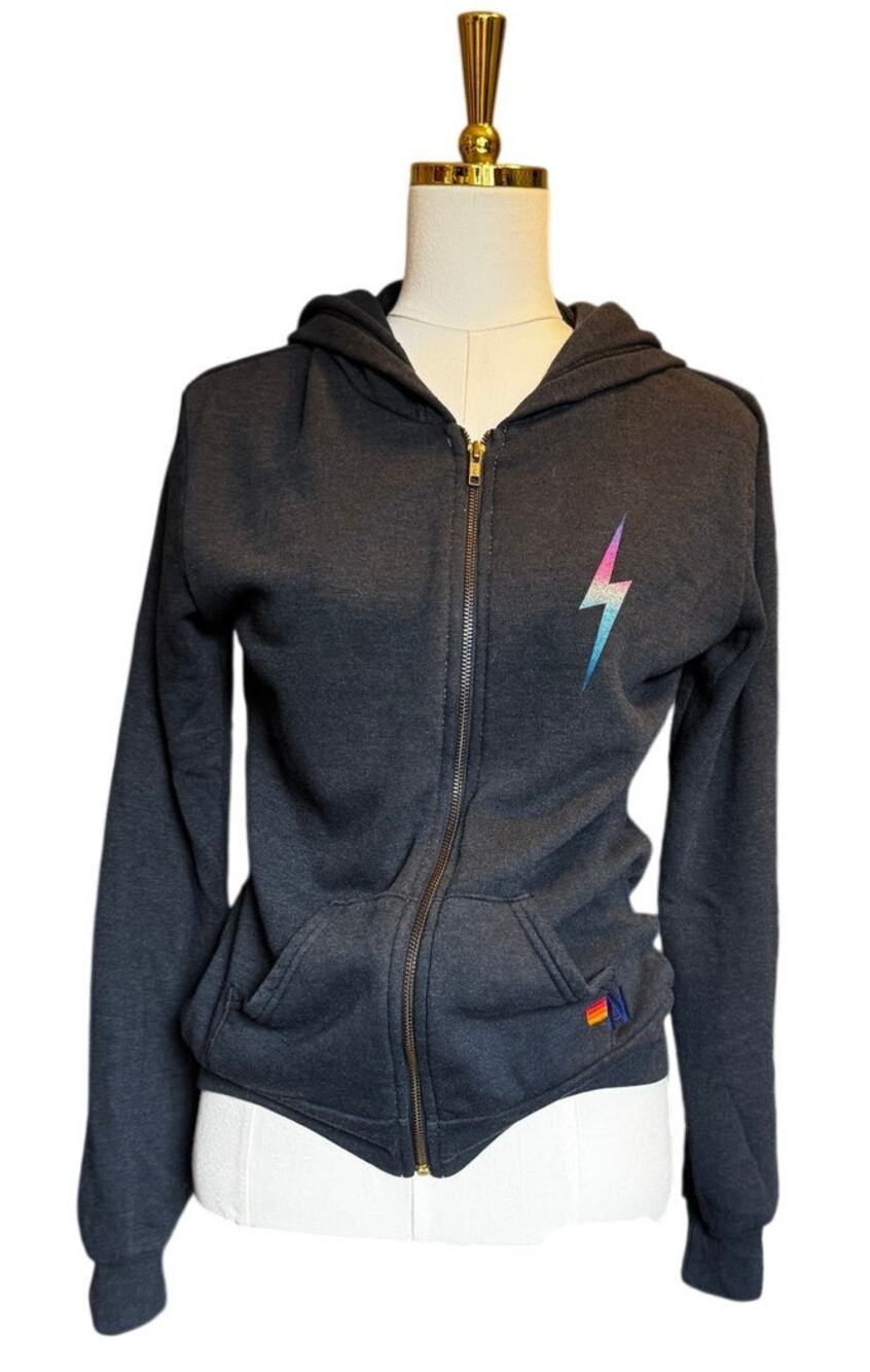 Aviator Nation Rainbow Bolt Full Zip Hoodie Sweatshirt Charcoal Gray Size Small